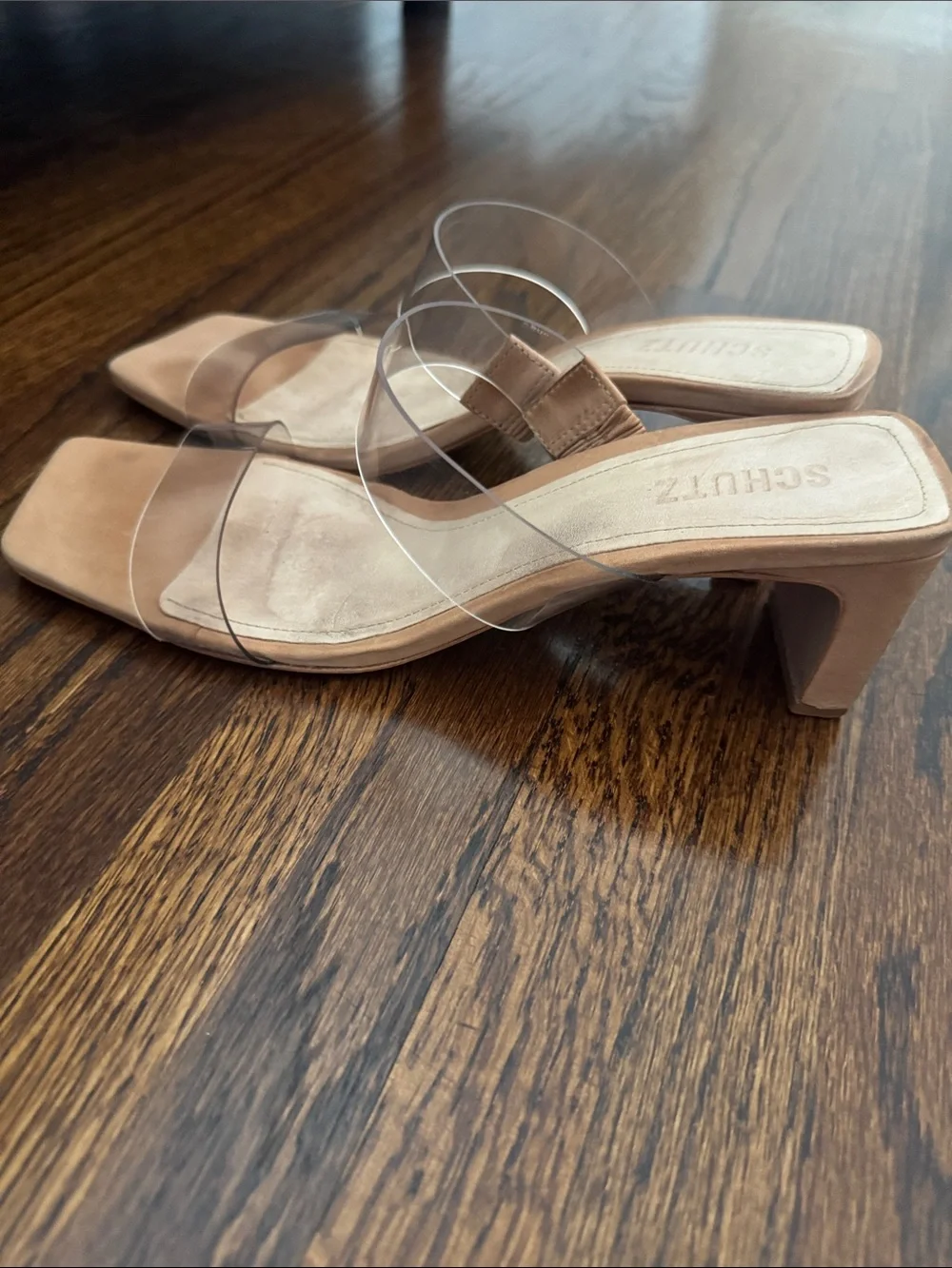 SCHUTZ Clear Strap Tan Square Toe Mules